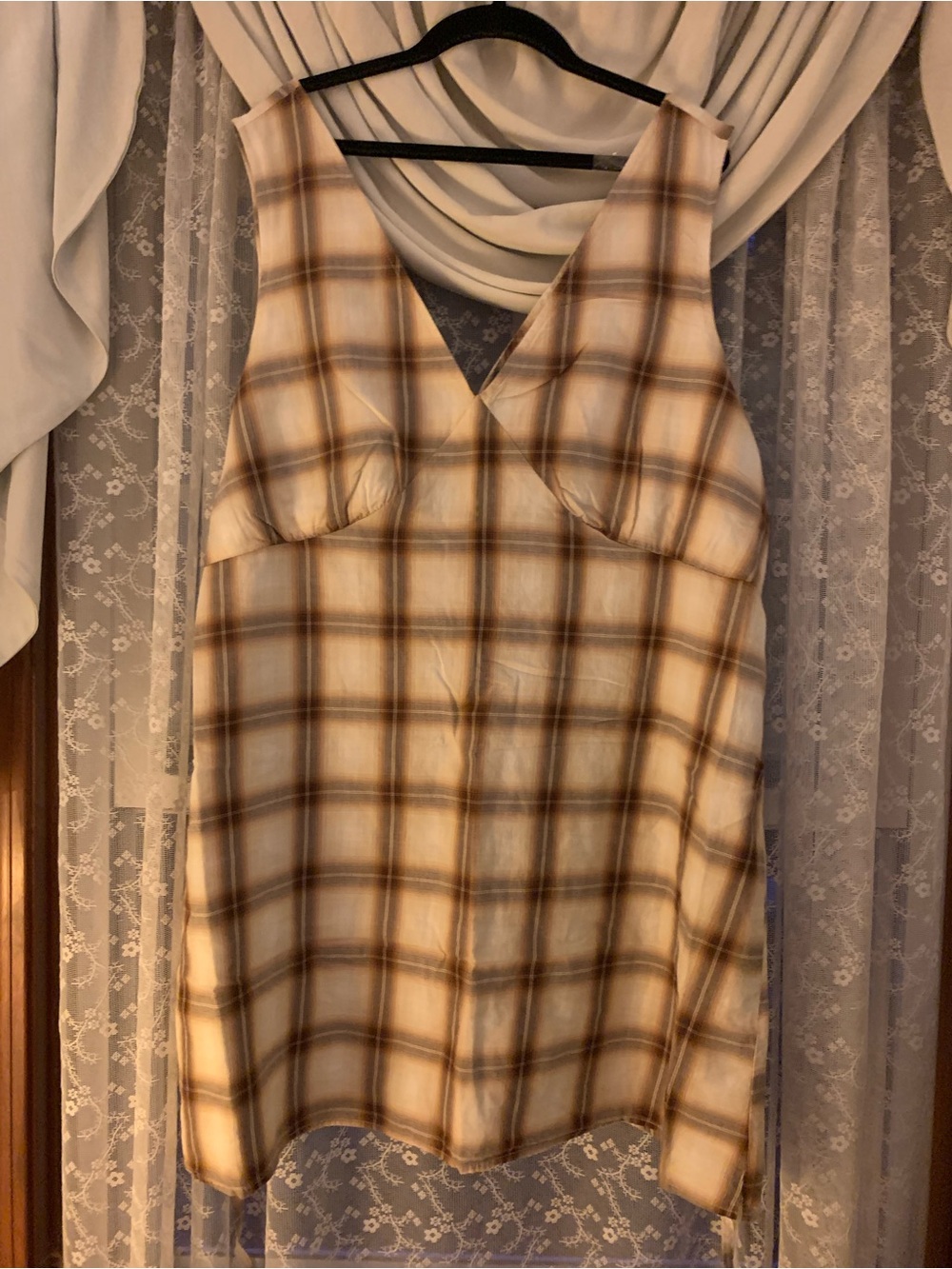 Old Navy Sleeveless Plaid V-Neck Mini Dress in Brown and Cream